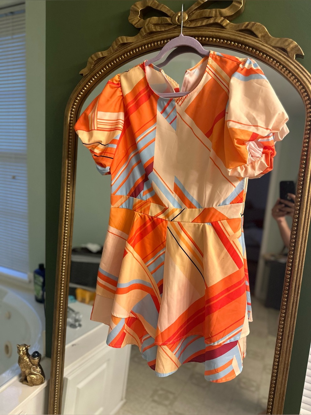 Girls Orange Multi-Stripe Puff Sleeve Dress